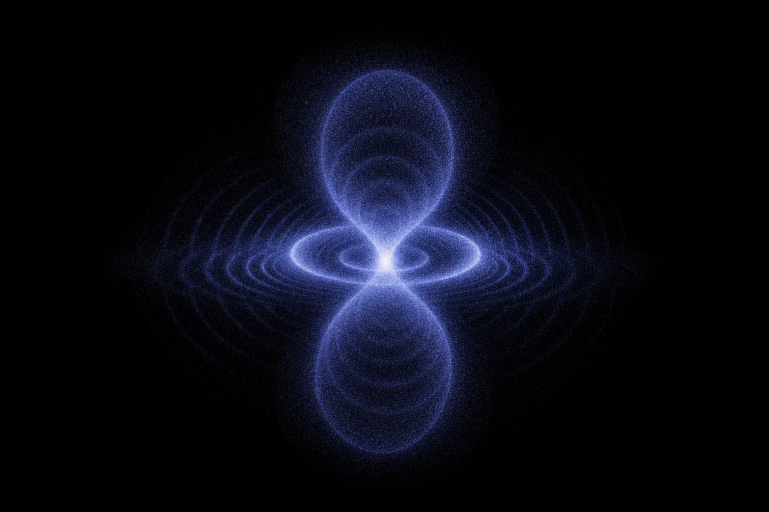 Visualisation of an electron probability cloud rendered as a lobed field of faint blue-violet points